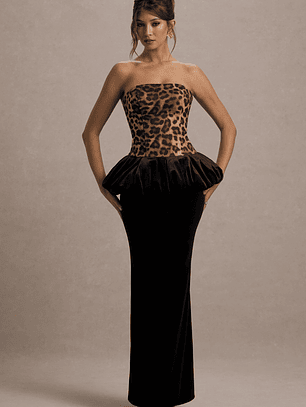 Harriette | Leopard Print Bandeau Maxi Dress With Black Velvet Peplum Skirt