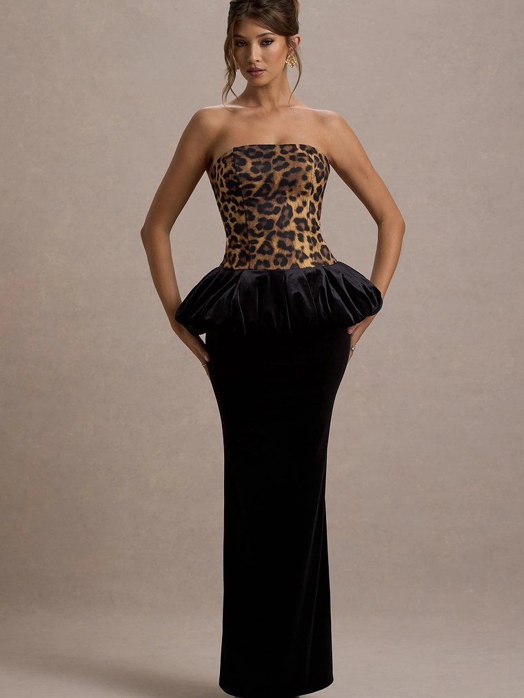 Harriette | Leopard Print Bandeau Maxi Dress With Black Velvet Peplum Skirt 1