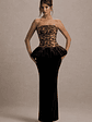 Harriette | Leopard Print Bandeau Maxi Dress With Black Velvet Peplum Skirt - thumbnail 1