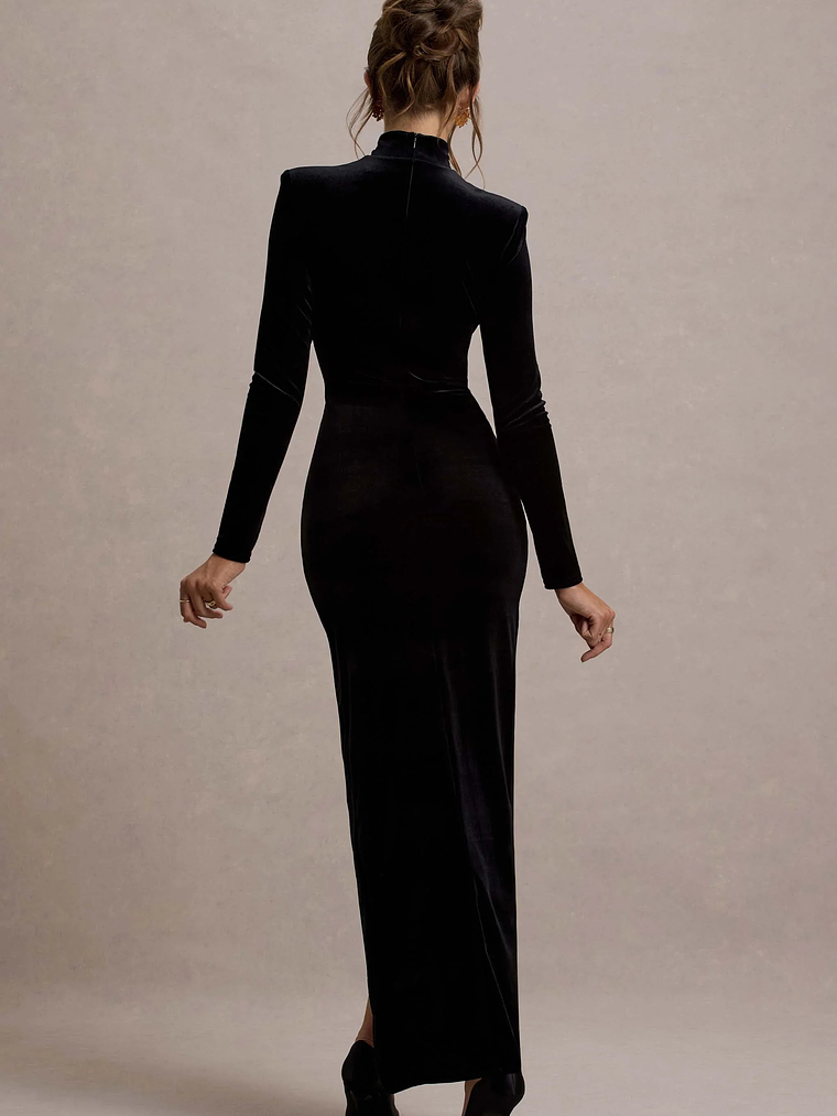 Jaz | Black Velvet High-Neck Gathered Split Maxi Dress 2
