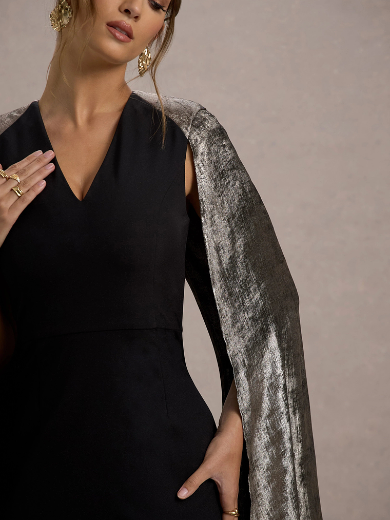 Ilenia | Black V-Neck Maxi Dress With Metallic Cape 7