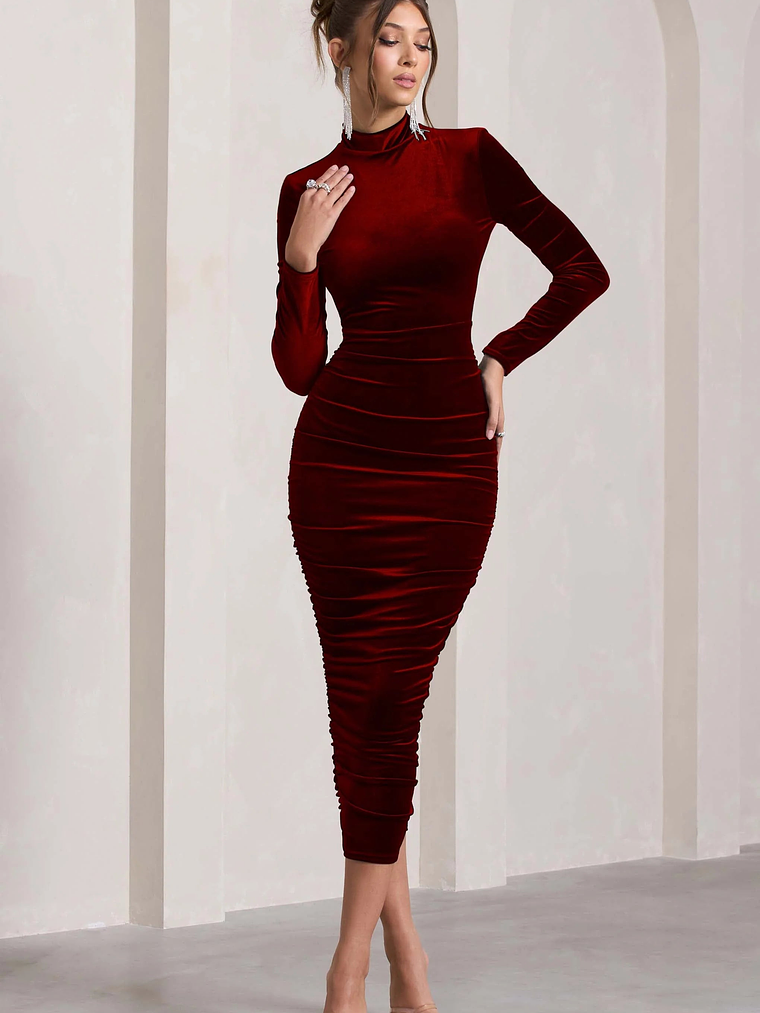 Joanna | Berry Velvet High-Neck Backless Midi Dress 4