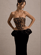 Harriette | Leopard Print Bandeau Maxi Dress With Black Velvet Peplum Skirt - thumbnail 3