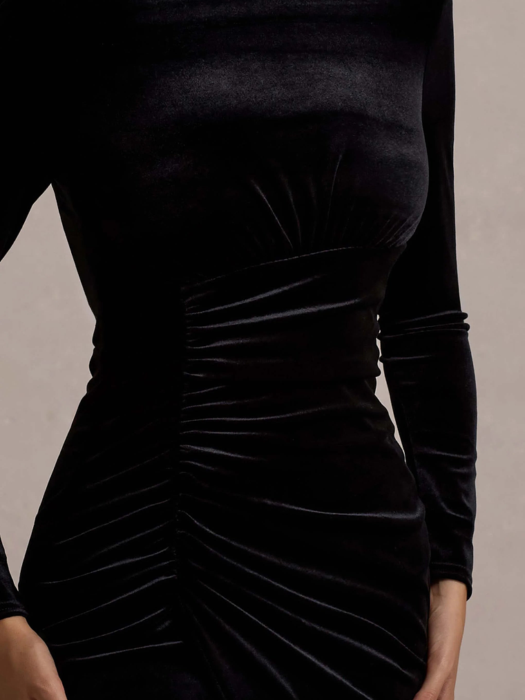 Jaz | Black Velvet High-Neck Gathered Split Maxi Dress 6