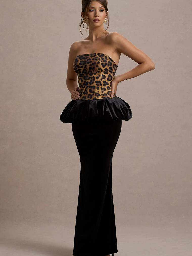 Harriette | Leopard Print Bandeau Maxi Dress With Black Velvet Peplum Skirt 4