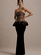 Harriette | Leopard Print Bandeau Maxi Dress With Black Velvet Peplum Skirt - thumbnail 4