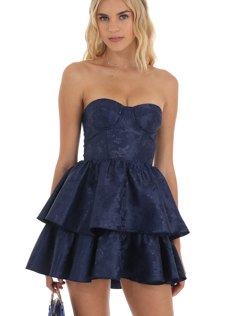 Jacquard Corset Mini Dress in Navy 4
