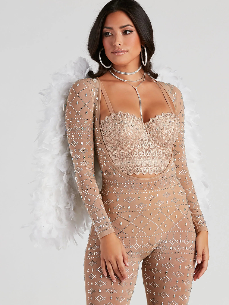 Iridescent Sparkle Rhinestone-Embellished Sheer Catsuit 2
