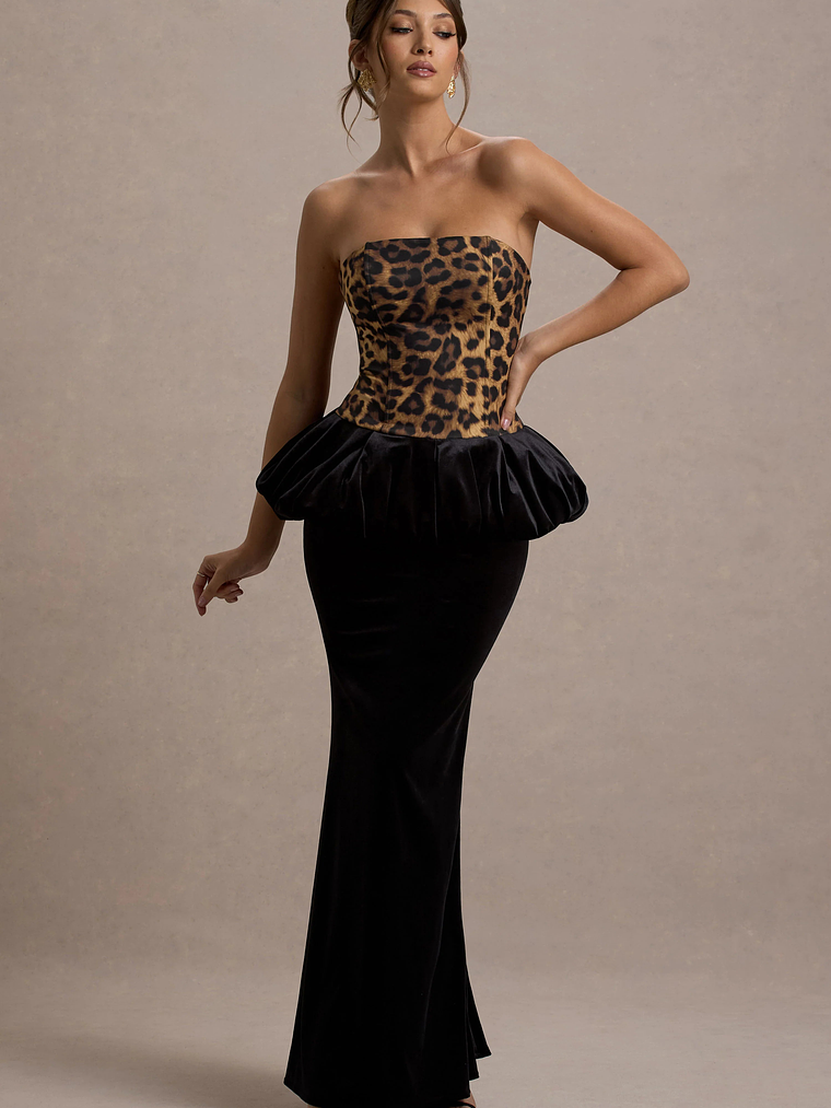 Harriette | Leopard Print Bandeau Maxi Dress With Black Velvet Peplum Skirt 5