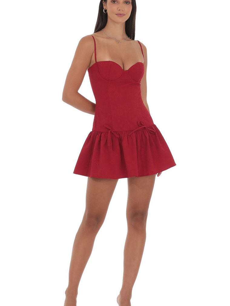 Jacquard Double Bow Drop Waist Dress in Red 4