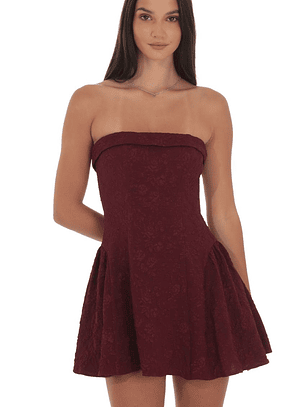 Jacquard Strapless Flare Dress in Burgundy