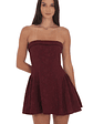 Jacquard Strapless Flare Dress in Burgundy - thumbnail 1