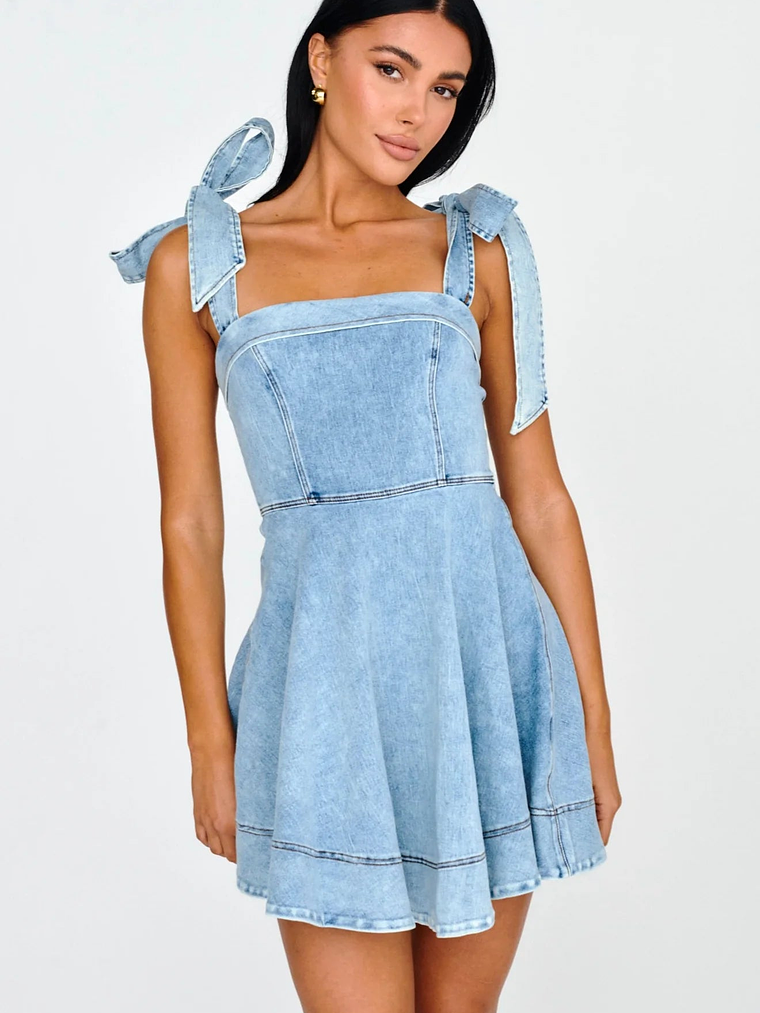Jeanie Bow Shoulder Mini Dress Denim 1