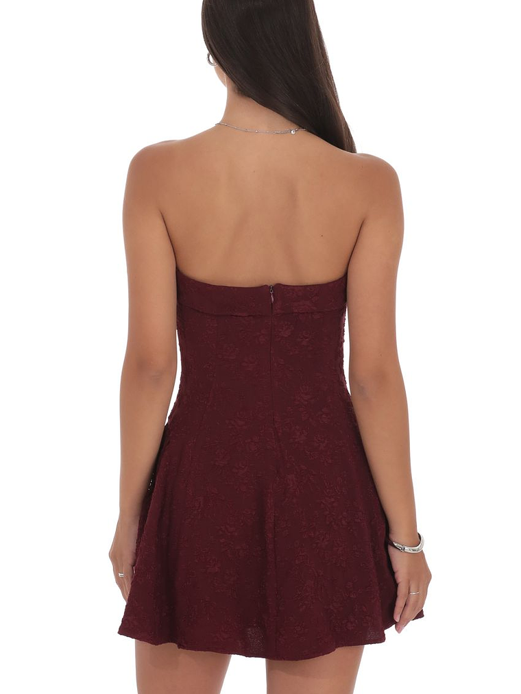 Jacquard Strapless Flare Dress in Burgundy 2