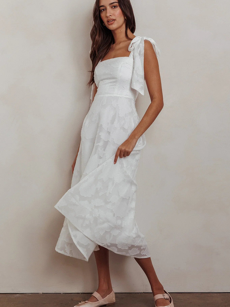 Jeanie Bow Shoulder Midi Dress Embossed White 4