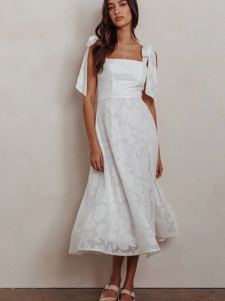 Jeanie Bow Shoulder Midi Dress Embossed White 5