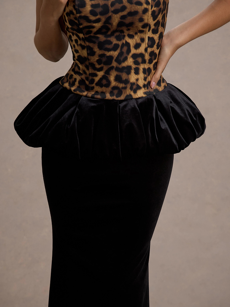 Harriette | Leopard Print Bandeau Maxi Dress With Black Velvet Peplum Skirt 7