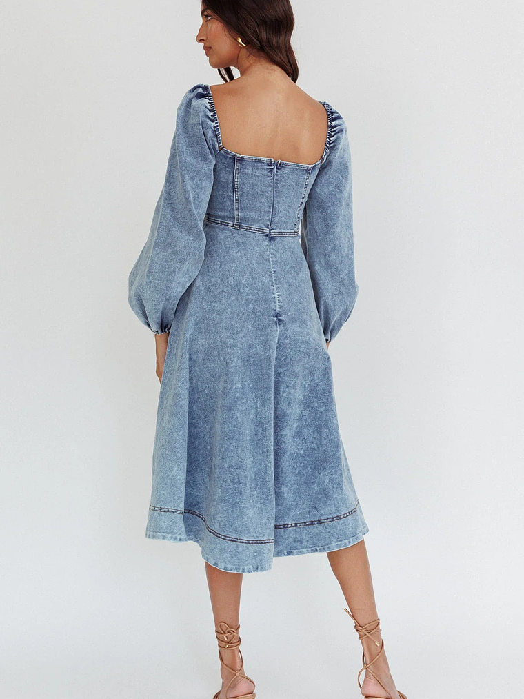 Jeanie Long Sleeve Midi Dress Denim Blue 2