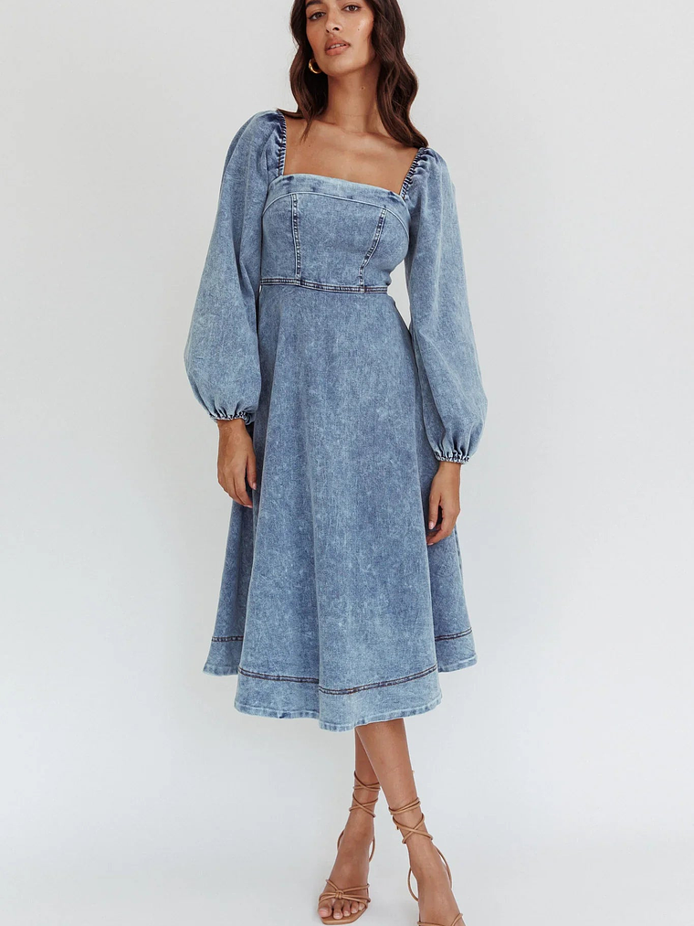Jeanie Long Sleeve Midi Dress Denim Blue 3