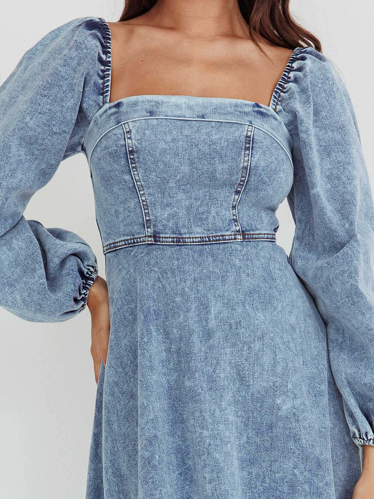 Jeanie Long Sleeve Midi Dress Denim Blue 4