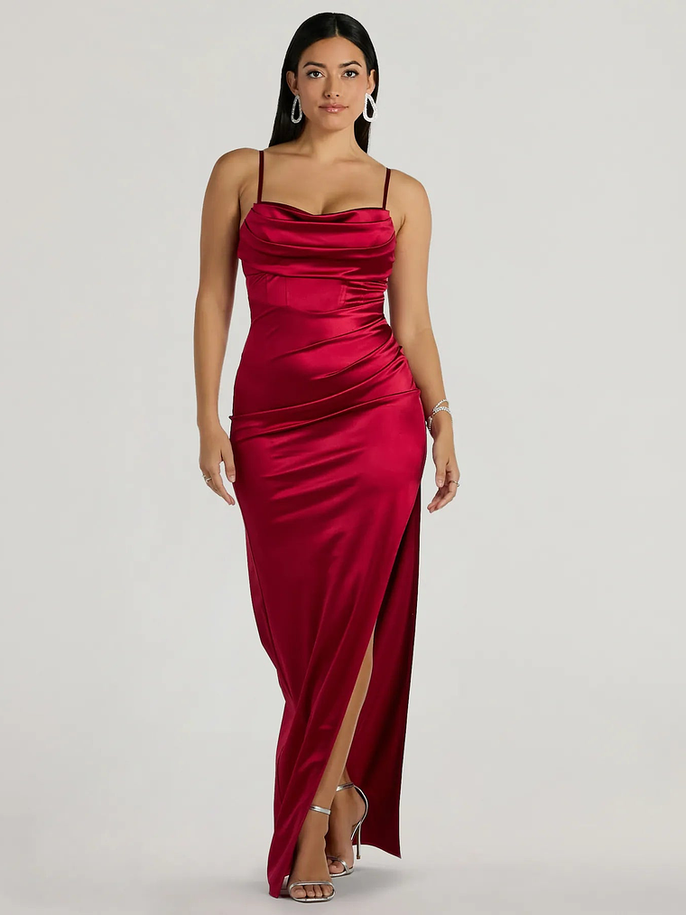 Iliana Cowl Neck High Slit Satin Column Dress 16