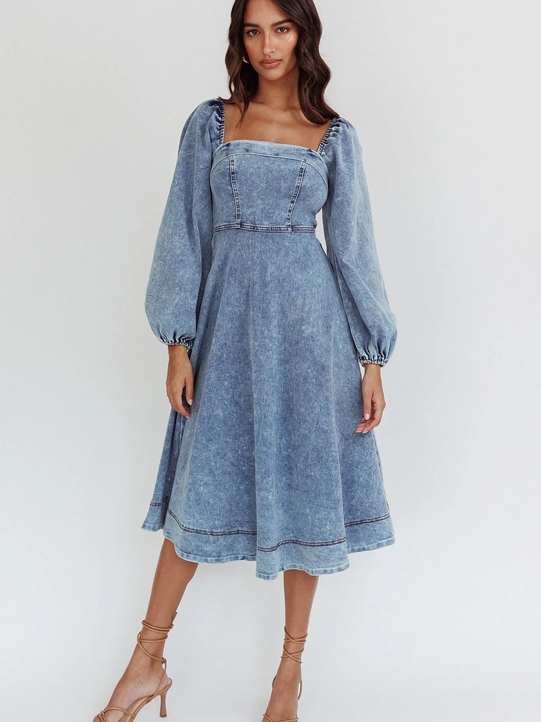 Jeanie Long Sleeve Midi Dress Denim Blue 5
