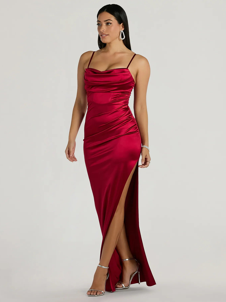 Iliana Cowl Neck High Slit Satin Column Dress 19
