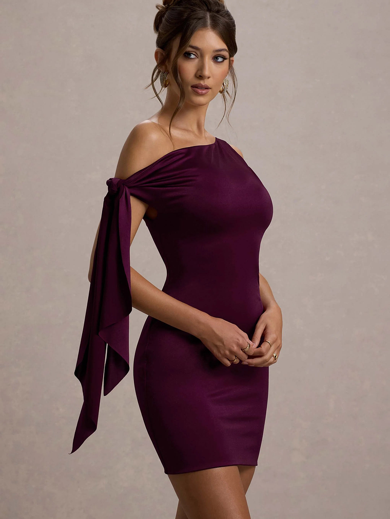 Ilythia | Plum Asymmetric Mini Dress With Tie Sleeve 3