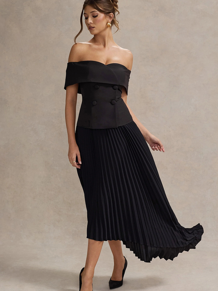 Hattie | Black Bardot Tailored Midi Dress With Plisse Skirt 1