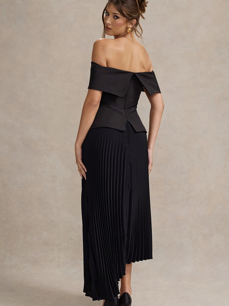 Hattie | Black Bardot Tailored Midi Dress With Plisse Skirt 2