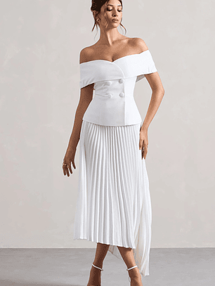Hattie | White Bardot Tailored Midi Dress With Plisse Skirt