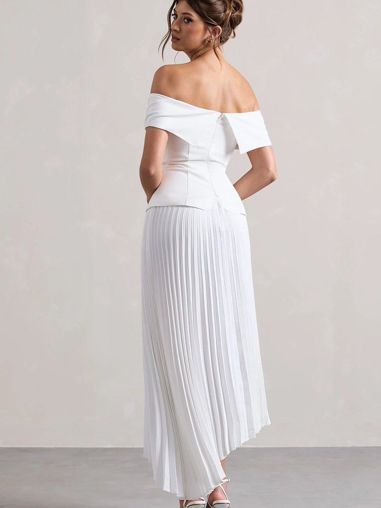 Hattie | White Bardot Tailored Midi Dress With Plisse Skirt 2