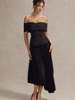 Hattie | Black Bardot Tailored Midi Dress With Plisse Skirt - thumbnail 4