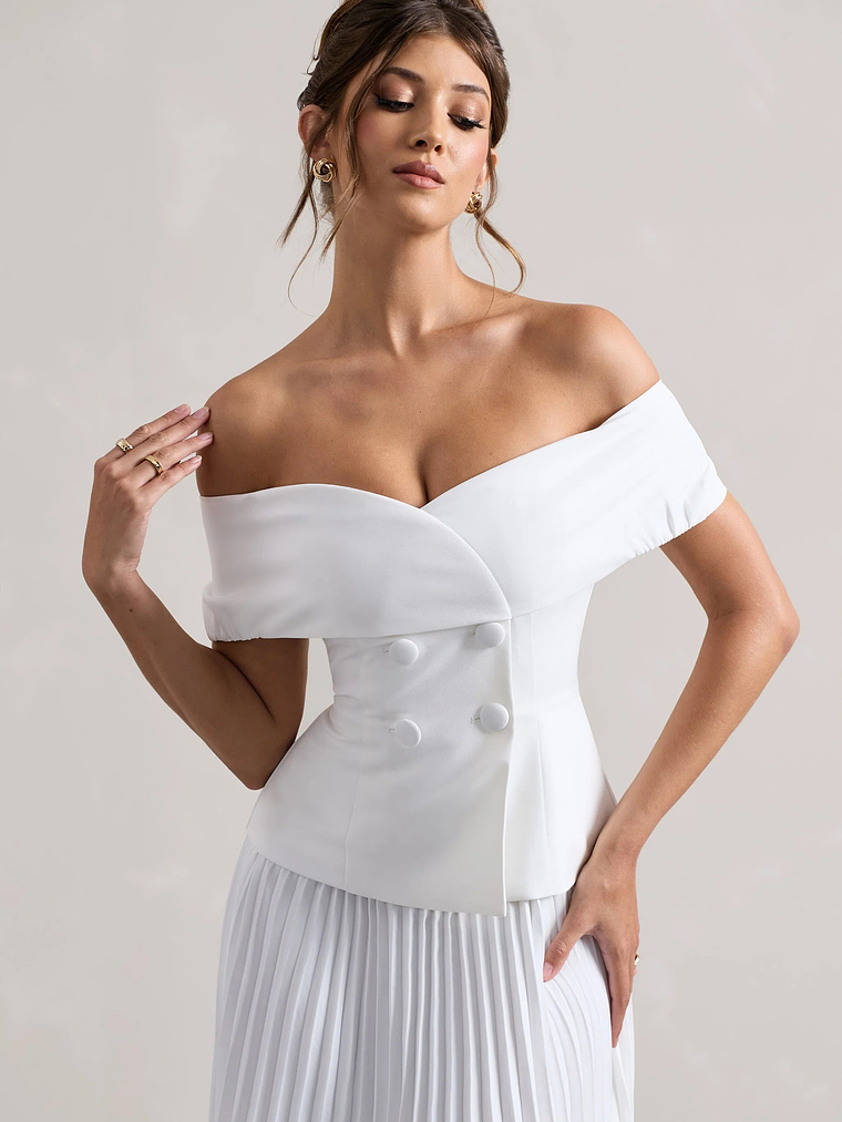 Hattie | White Bardot Tailored Midi Dress With Plisse Skirt 3