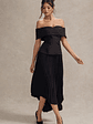 Hattie | Black Bardot Tailored Midi Dress With Plisse Skirt - thumbnail 5