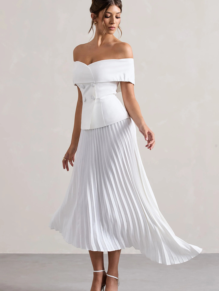 Hattie | White Bardot Tailored Midi Dress With Plisse Skirt 4