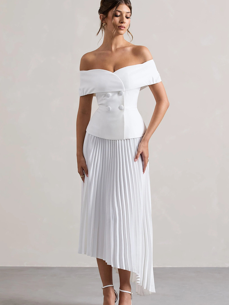 Hattie | White Bardot Tailored Midi Dress With Plisse Skirt 5