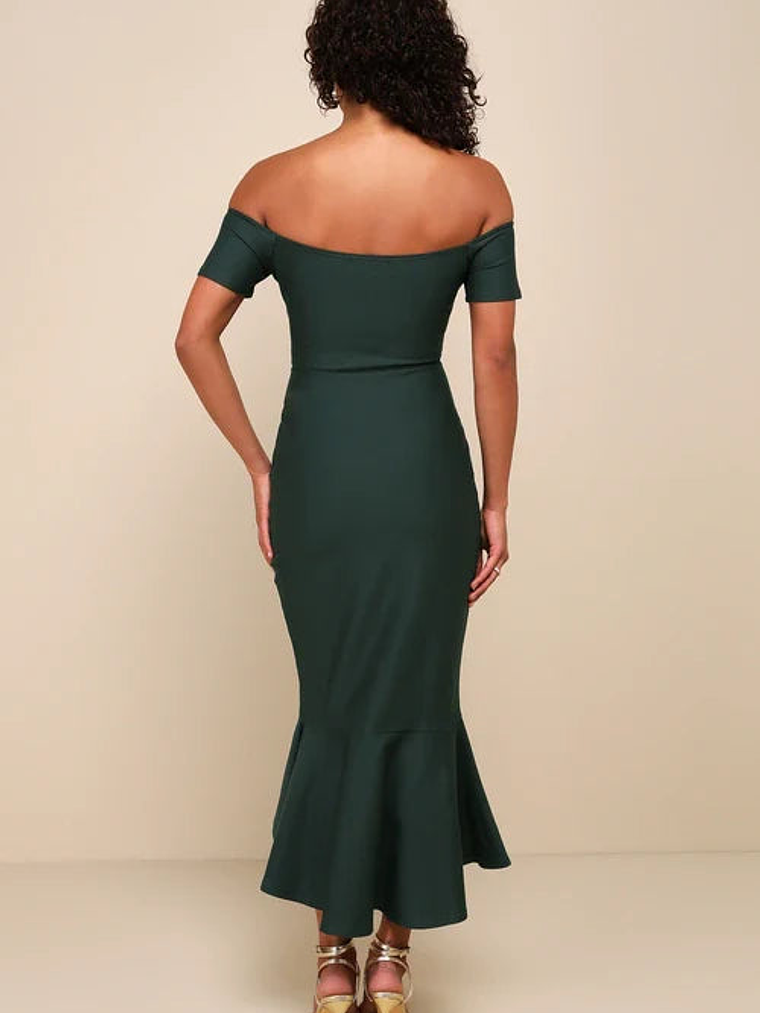 How Much I Care Dark Green Off-the-Shoulder Midi Dress 5