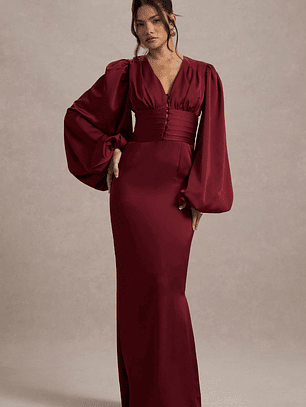 Helsinki | Berry Satin V-Neck Balloon Sleeve Maxi Dress