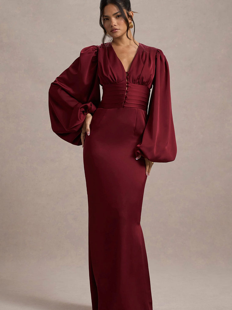 Helsinki | Berry Satin V-Neck Balloon Sleeve Maxi Dress 1