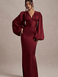 Helsinki | Berry Satin V-Neck Balloon Sleeve Maxi Dress - thumbnail 1