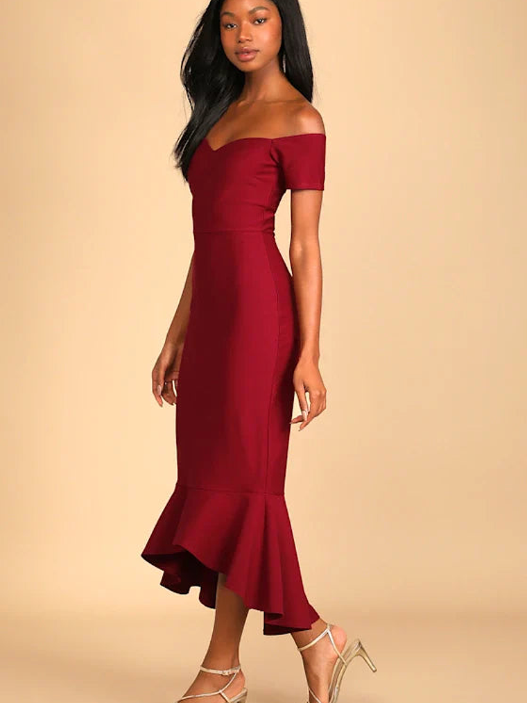 How Much I Care Wine Red Off-the-Shoulder Midi Dress 2