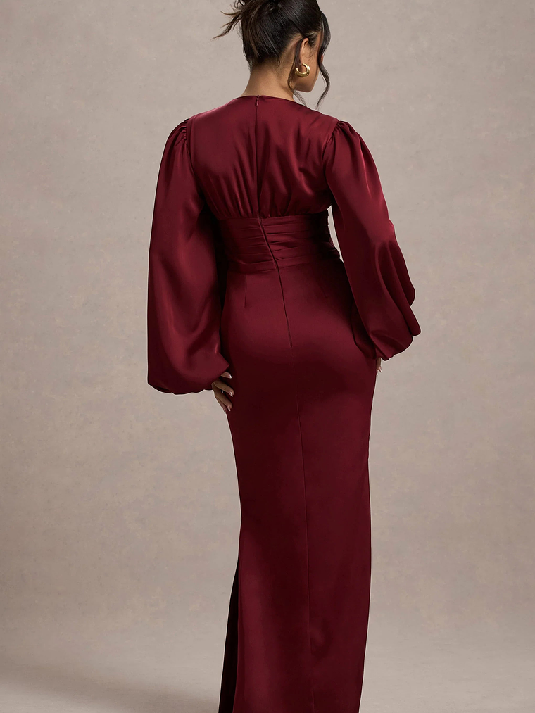 Helsinki | Berry Satin V-Neck Balloon Sleeve Maxi Dress 2