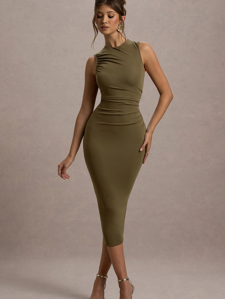Jemma | Khaki Bodycon Ruched Midi Dress 1