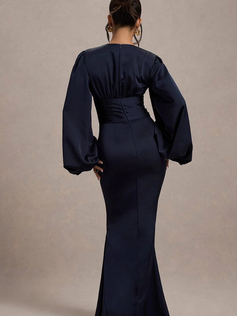 Helsinki | Navy Satin V-Neck Balloon Sleeve Maxi Dress 2