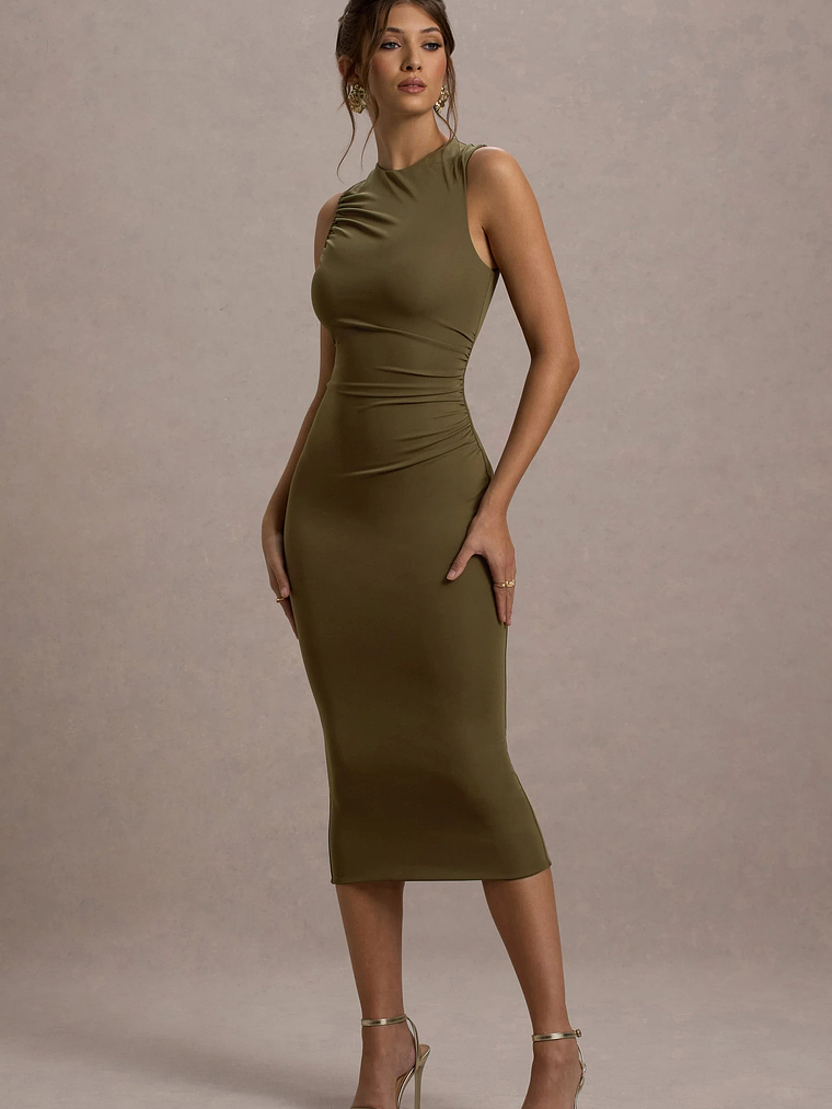 Jemma | Khaki Bodycon Ruched Midi Dress 3