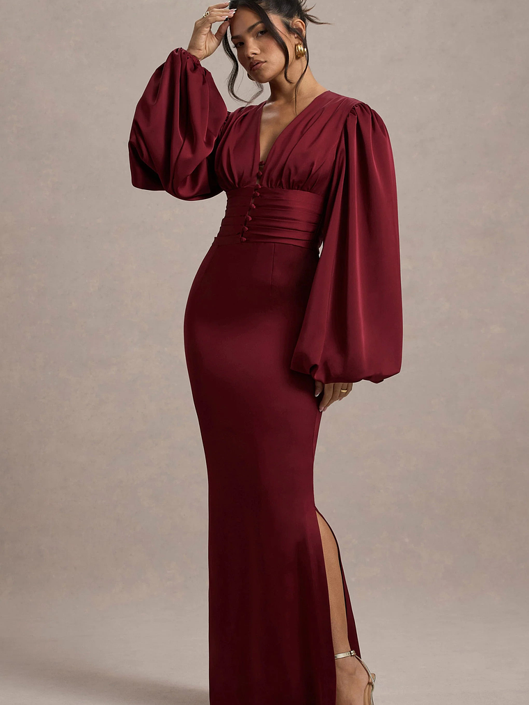 Helsinki | Berry Satin V-Neck Balloon Sleeve Maxi Dress 4