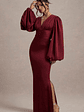 Helsinki | Berry Satin V-Neck Balloon Sleeve Maxi Dress - thumbnail 4