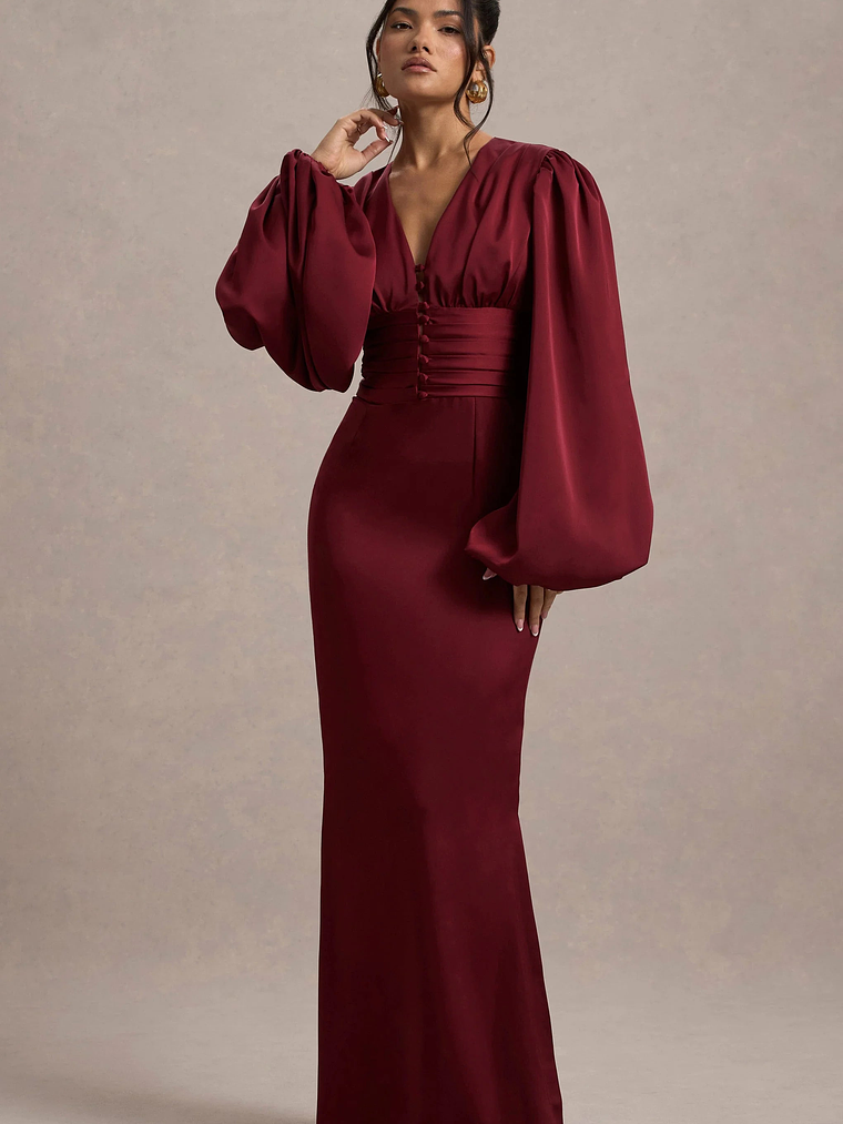 Helsinki | Berry Satin V-Neck Balloon Sleeve Maxi Dress 5