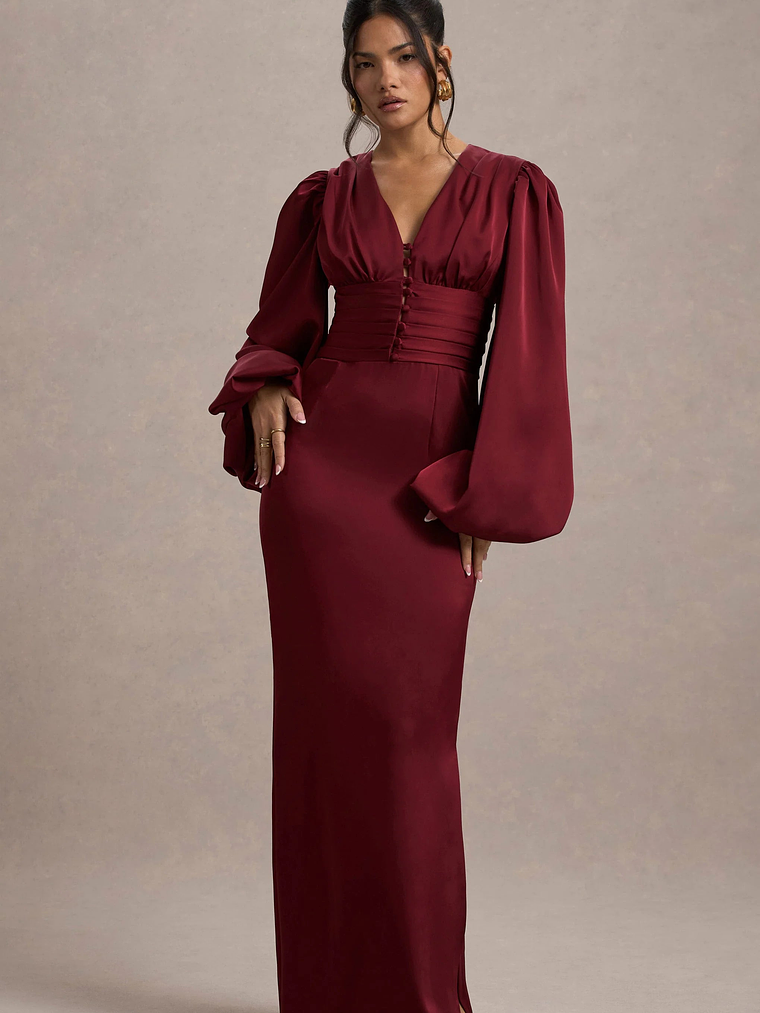 Helsinki | Berry Satin V-Neck Balloon Sleeve Maxi Dress 6